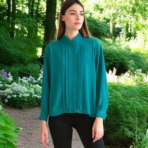 High Neck Pleated Flowy Blouse Sz M 10 Silky Regency Office Siren‎ Corpcore Vtg